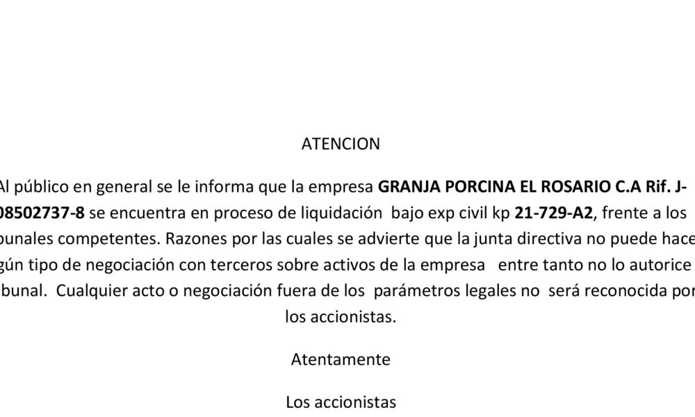 - ATENCION GRANJA PORCINA EL ROSARIO C.A